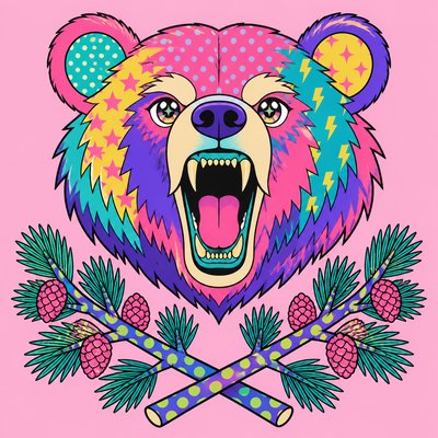 a roaring bear head above crossed pine branches, bold graphic composition on a plain background, no text