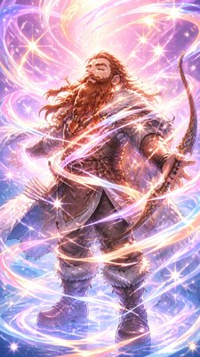 full-body original character: a dwarven ranger with a braided auburn beard, worn leather armor, a longbow and a wolf-pelt cloak, neutral background, no text