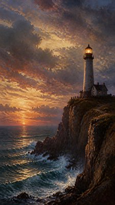 a lone lighthouse on a cliff at dusk under a dramatic sky, no text or lettering