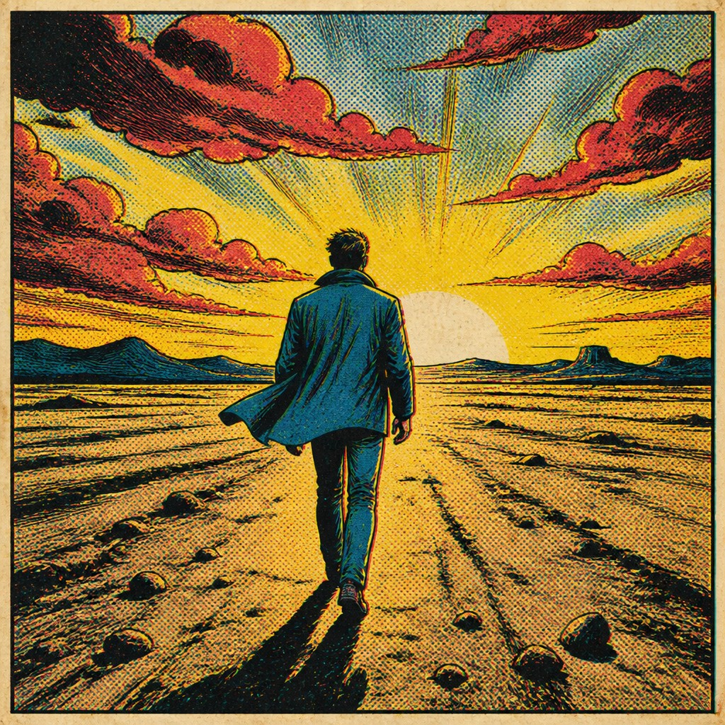 a solitary figure walking toward a glowing horizon across an empty plain, moody atmosphere, no text or lettering
