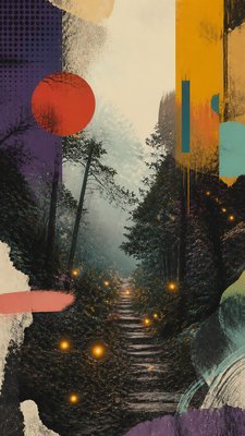 a mysterious forest path with fireflies and drifting mist, atmospheric vertical composition with open space at the top, no text