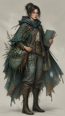 full-body original character: a wandering botanist with a satchel of plants, a patched green cloak, tall boots and round glasses, neutral background