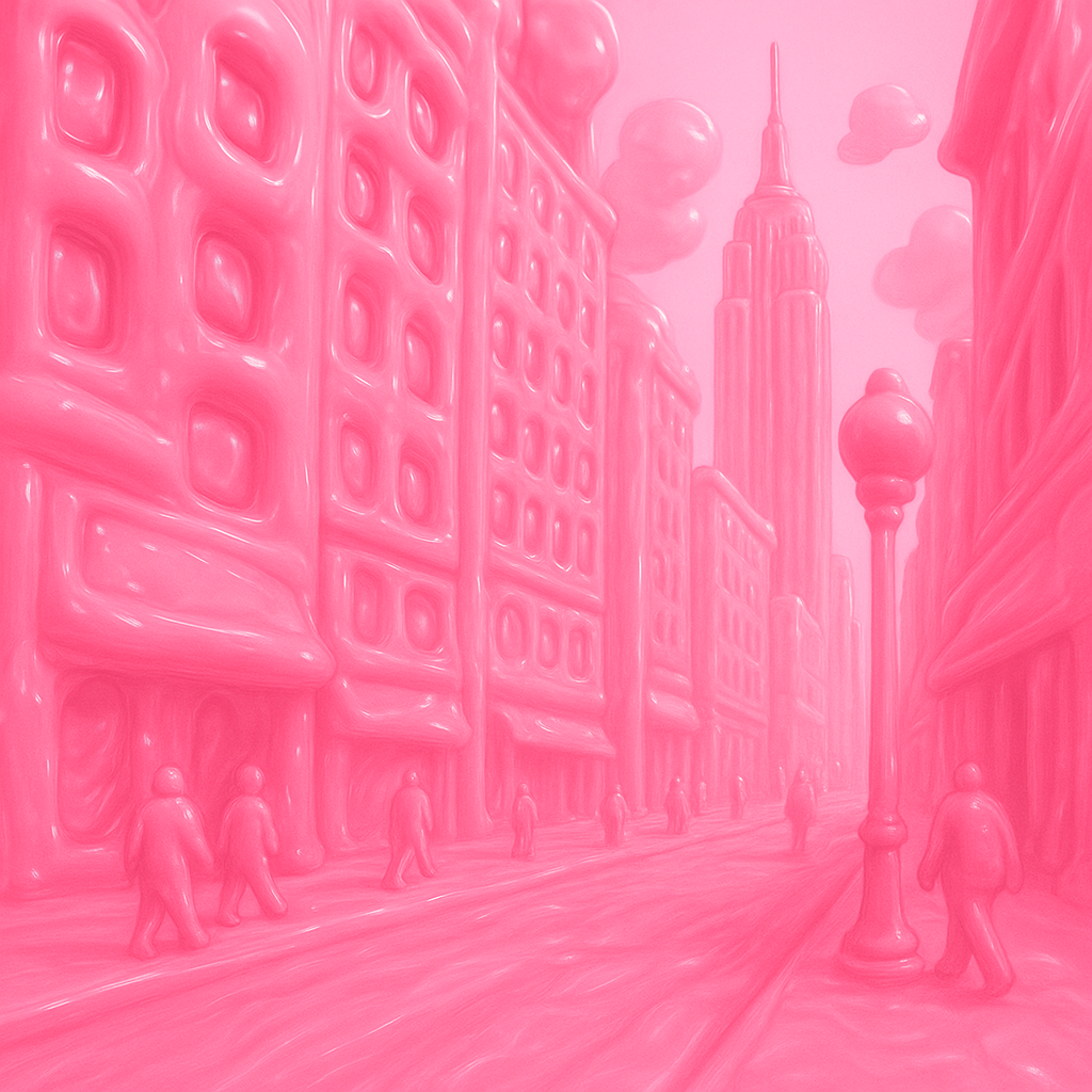 a painting of a city street with buildings and people