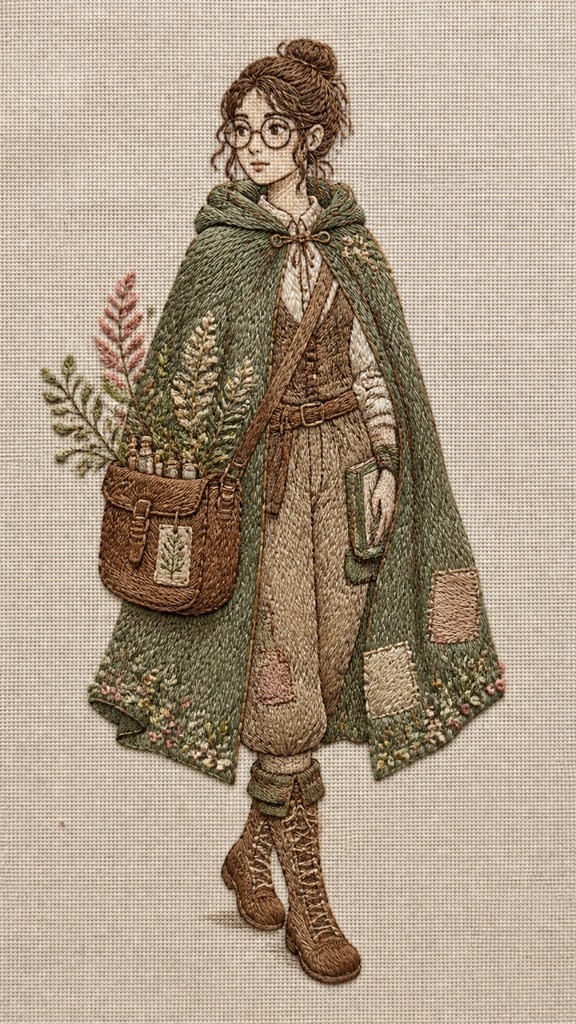 full-body original character: a wandering botanist with a satchel of plants, a patched green cloak, tall boots and round glasses, neutral background