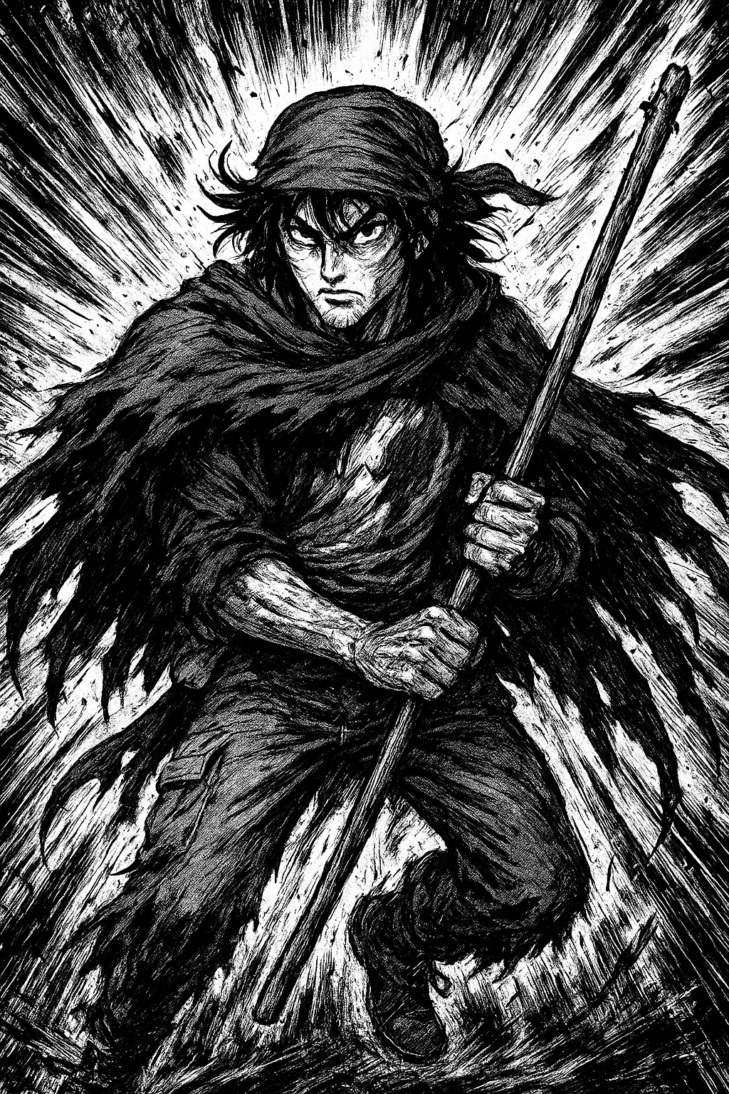 a black and white drawing of a man holding a sword
