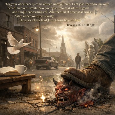 “For your obedience is come abroad unto all men. I am glad therefore on your behalf: but yet I would have you wise unto that which is good, and simple concerning evil. And the God of peace shall bruise Satan under your feet shortly. The grace of our Lord Jesus Christ be with you. Amen.” (Romans 16:19-20, KJV)
