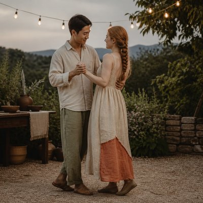 an original couple dancing under string lights in a garden at dusk: a man with short black hair in a linen shirt and a woman with braided red hair in a summer dress