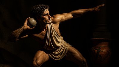 ancient greek athlete throwing a shot put