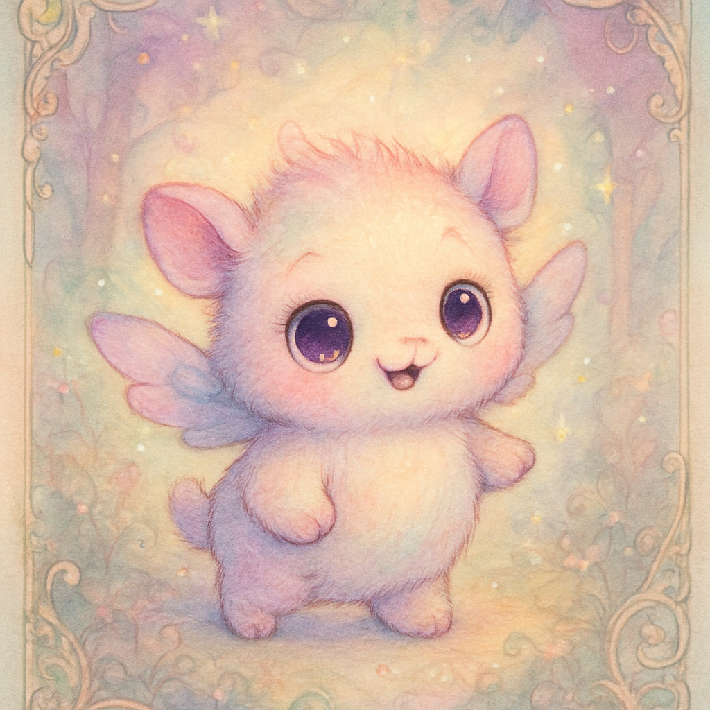 Create an adorable fantasy creature—small, round, and magical—with big expressive eyes, soft glowing fur, tiny wings, and playful energy. Pastel colors, gentle lighting, whimsical forest setting, highly detailed and irresistibly cute