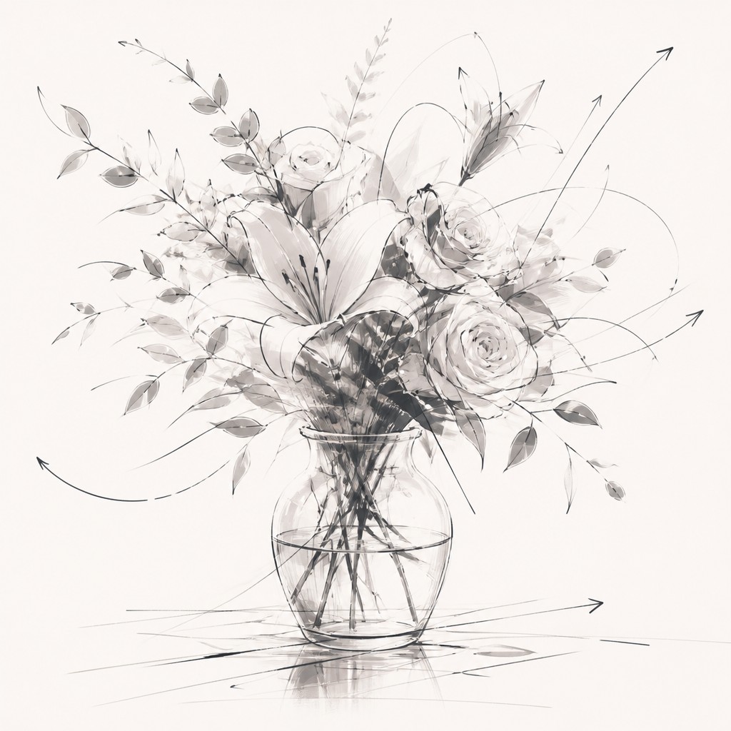 bouquet of flowers in a glass vase — Implied Line Art Style