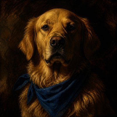 portrait of a golden retriever wearing a blue bandana, warm plain backdrop, no text