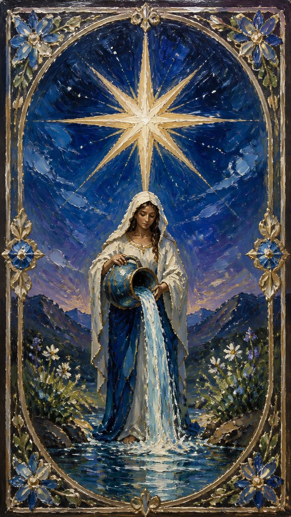 a robed figure pouring water beneath a large eight-pointed star in a night sky, symmetrical composition with an ornate decorative border, no text