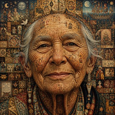 close-up portrait of an elderly person with expressive weathered features