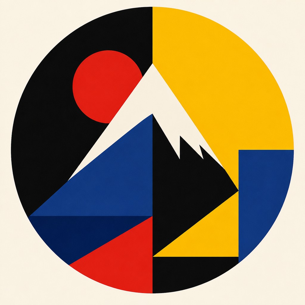 an emblem of a mountain peak inside a circle, simple bold shapes on a plain background, no text or lettering