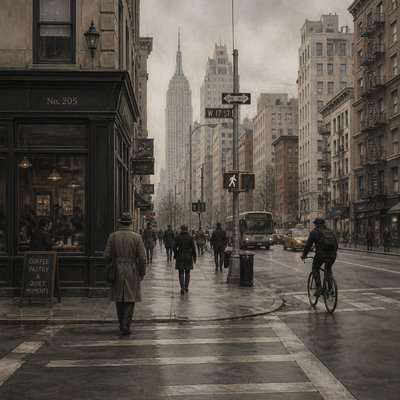 urban street with city activity — Neutral Colors Art Style