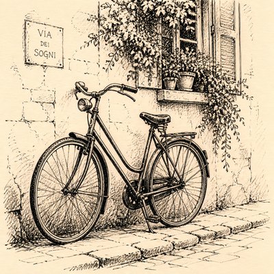 bicyle resting against a wall — Pen and Ink Drawing Style