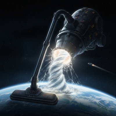 A highly detailed, cinematic rendering of the colossal "Megamaid" spaceship from Spaceballs in its full, transformed state, hovering menacingly above the Earth.

Scene Focus: The Megamaid is positioned directly over the Earth's atmosphere, its massive vacuum nozzle extended. The nozzle is clearly pointed toward the planet's surface, and the mechanism is beginning to suck air out, creating a visible, swirling vortex.

The 'Firmament' Detail: Render the edge of Earth's atmosphere and sky not as a smooth fade to space, but with a highly stylized, almost cracked or crystalline appearance, suggesting the boundary is a literal "firmament." The vacuum is shown actively piercing this boundary, creating a localized, glowing "window of heaven" effect where the atmosphere is being forcefully breached and pulled into the machine.

Atmosphere: The scene is dark, cold space contrasting sharply with the bright, glowing Earth below and the massive, industrial metallic structure of the Megamaid. The lighting should be dramatic and epic, highlighting the ridiculous scale of the vacuum cleaner poised to steal a planet's air. Include a tiny, distant shot of the Eagle 5 (Winnebago) fleeing the scene.

Style: Photorealistic digital painting, sci-fi parody, emphasizing the immense, over-the-top scale and the comedic contrast between the mundane household item and the cosmic threat.