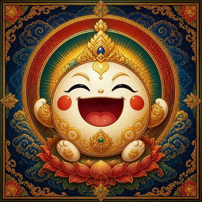 an exaggerated laughing face of an original round mascot character, bold and readable at small size, plain background, no text
