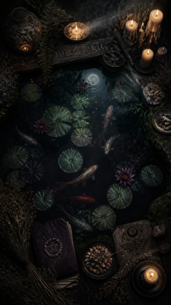 a koi pond with lily pads seen from above, no people