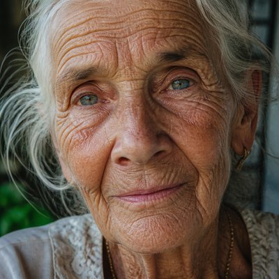 close-up portrait of an elderly person with expressive weathered features