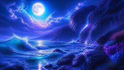 a moonlit coastline with cliffs and crashing surf, no people