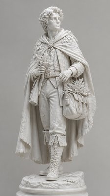 full-body original character: a wandering botanist with a satchel of plants, a patched green cloak, tall boots and round glasses, neutral background