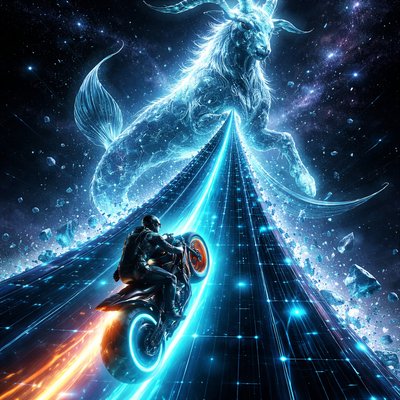 Neon-Futurism Digital Art Style, Bioluminescent Sci-Fi Cosmic Setting, Vertical Composition. A dramatic, steep perspective as the highway shifts from a flat plane into a vertical climb.

The Rider & Bike Consistency: The lone motorcyclist—in the same sleek, armored suit and integrated helmet—is popped into a wheelie or leaning aggressively forward as the hubless "light-cycle" sportbike (with its signature cyan and orange neon rings) begins a steep upward climb. The bike leaves a vibrant, glowing neon trail that looks like a streak of lightning against the dark space.

The Path (The Ecliptic Ridge): The glowing blue laser-grid highway has angled sharply upward, resembling a steep mountain ridge made of transparent data-lines, cutting through a field of floating ice crystals and frozen stardust.

The Capricorn Presence: Looming ahead at the peak of this "mountain" is the colossal, majestic Sea-Goat of Capricorn. Its front half is a powerful goat with massive, curved horns made of glowing white obsidian, and its lower half is a shimmering, bioluminescent fish tail that coils around the highway like a galaxy.

The Atmosphere: The Sea-Goat is rendered in crystalline textures and electric-teal circuitry. As the rider climbs toward it, the background is a cold, deep-space void filled with sharp, diamond-like stars and swirling silver nebulae.

Lighting: The cool teal and silver glow of the Capricorn figure illuminates the rider from above, clashing beautifully with the bike's warm orange accents.