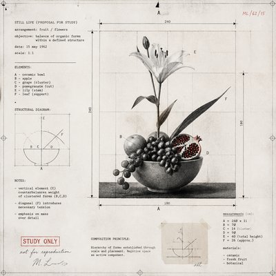 still life arrangement of fruits and flowers