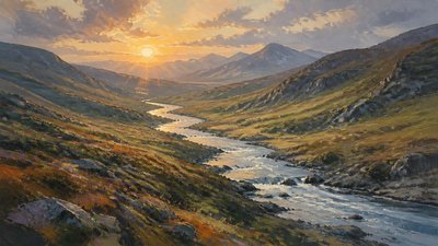 a vast valley with a river winding toward distant mountains at sunrise, no people, no text