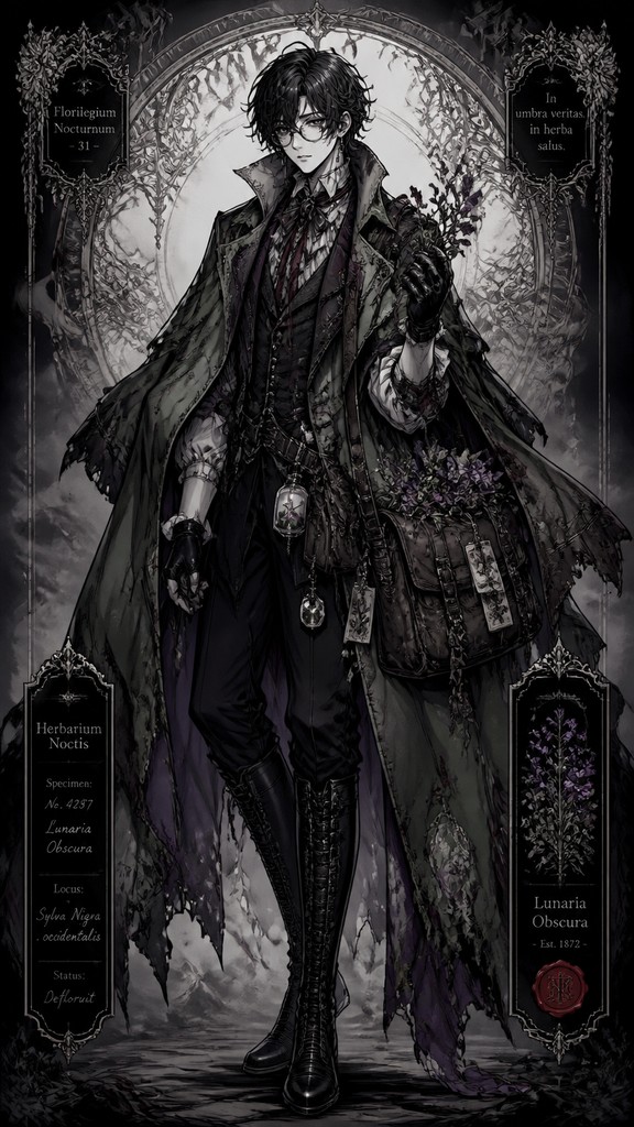 full-body original character: a wandering botanist with a satchel of plants, a patched green cloak, tall boots and round glasses, neutral background