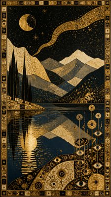 a tranquil mountain lake beneath a starry night sky, no people, no text