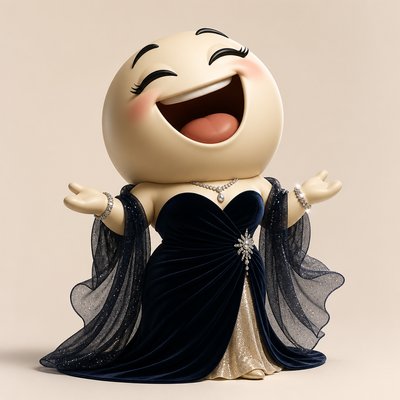 an exaggerated laughing face of an original round mascot character, bold and readable at small size, plain background, no text