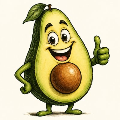 a happy avocado character giving a thumbs up, bold readable design on a plain background, no text
