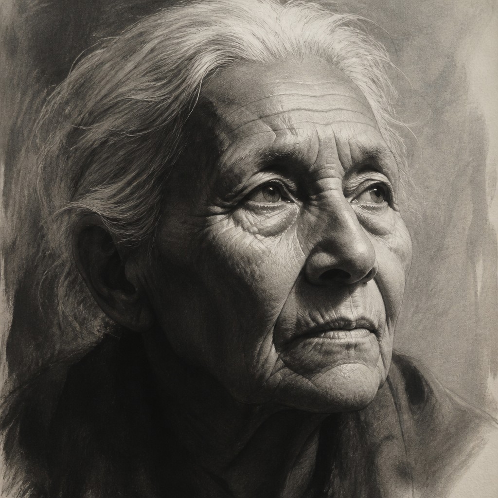 close-up portrait of an elderly person with expressive weathered features — Value Study Art Style