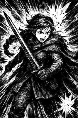 a black and white drawing of a man holding a sword