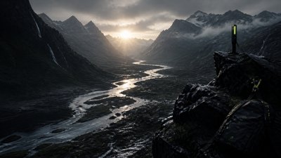 a vast valley with a river winding toward distant mountains at sunrise, no people, no text