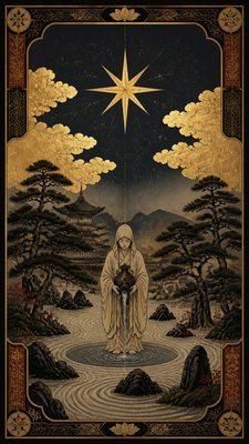 a robed figure pouring water beneath a large eight-pointed star in a night sky, symmetrical composition with an ornate decorative border, no text