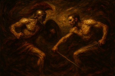 a painting of two men with a sword