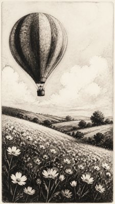 a hot air balloon drifting over rolling flower fields on a sunny day, cheerful, no text