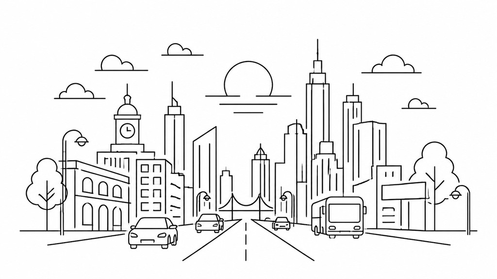bustling city street panorama at dusk