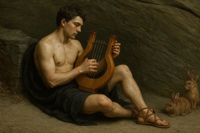 a painting of a man holding a harp next to a rabbit