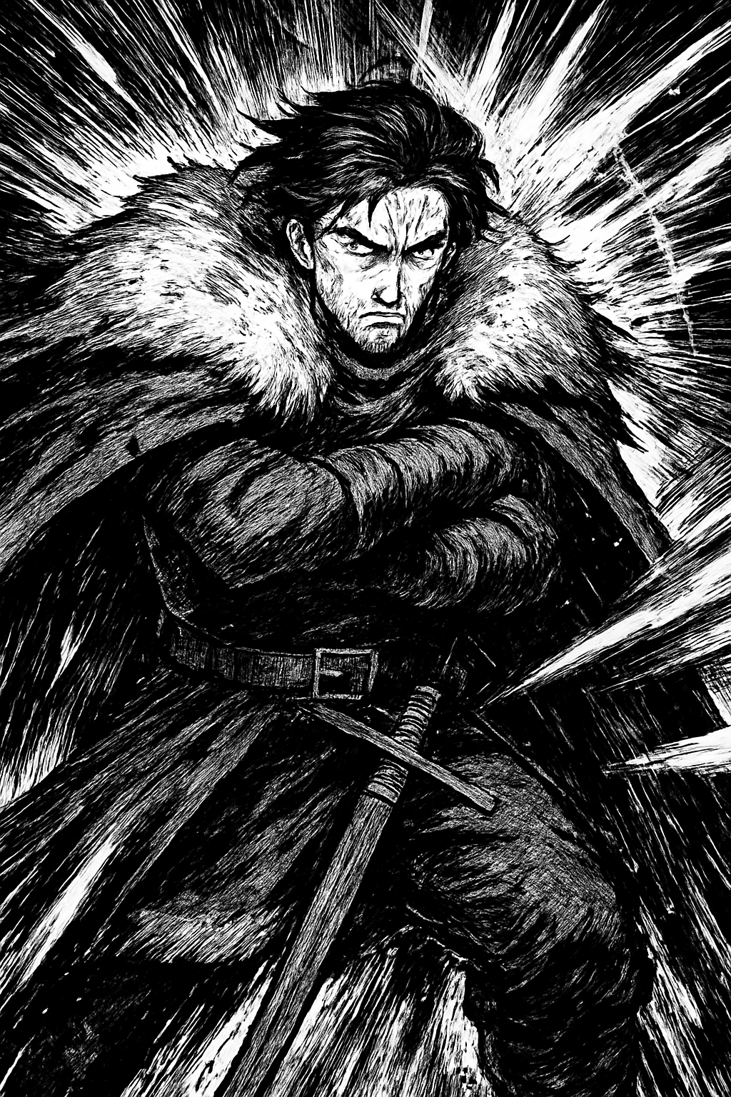 a man with a sword standing in the snow