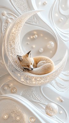 a sleeping baby fox curled on a crescent moon among soft stars, gentle and warm, no text