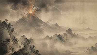 an erupting volcano with lightning strikes, dramatic wide composition, no text