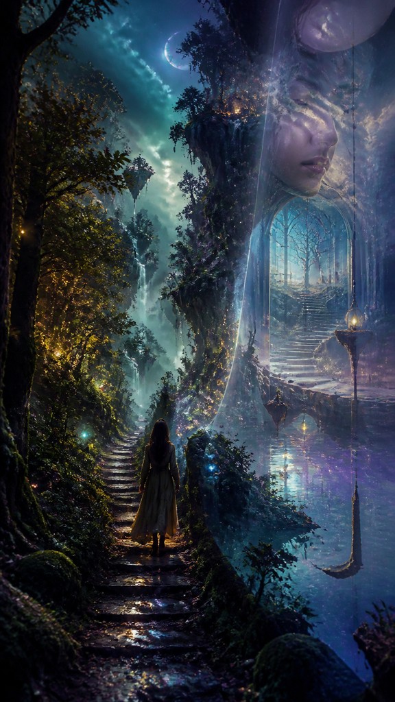 a mysterious forest path with fireflies and drifting mist, atmospheric vertical composition with open space at the top, no text