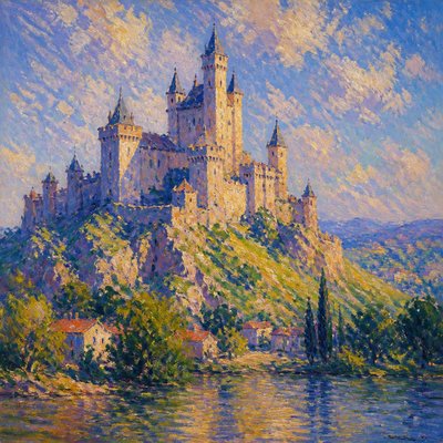 a grand castle with towers on a hilltop