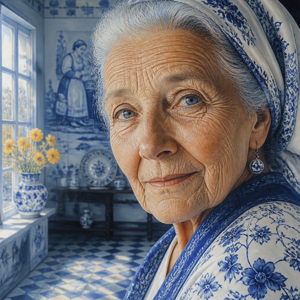 close-up portrait of an elderly person with expressive weathered features — Delft Blue Art Style