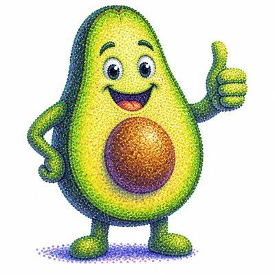 a happy avocado character giving a thumbs up, bold readable design on a plain background, no text