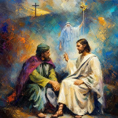 a painting of jesus talking to a man