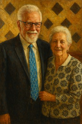 a painting of an older couple posing for a picture